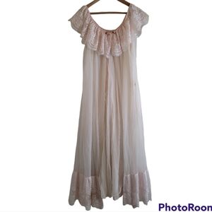 Vintage Peignoir Set Intime White Pink Long 2-piece Robe Nightgown Chiffon Lace